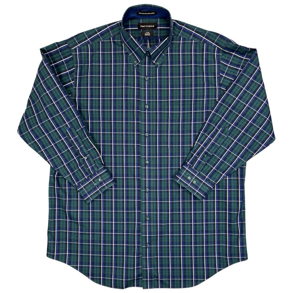 Paul Fredrick Men 17x32 Classic Fit Two‑Ply Cotton Long Sleeve Blue Green Plaid
